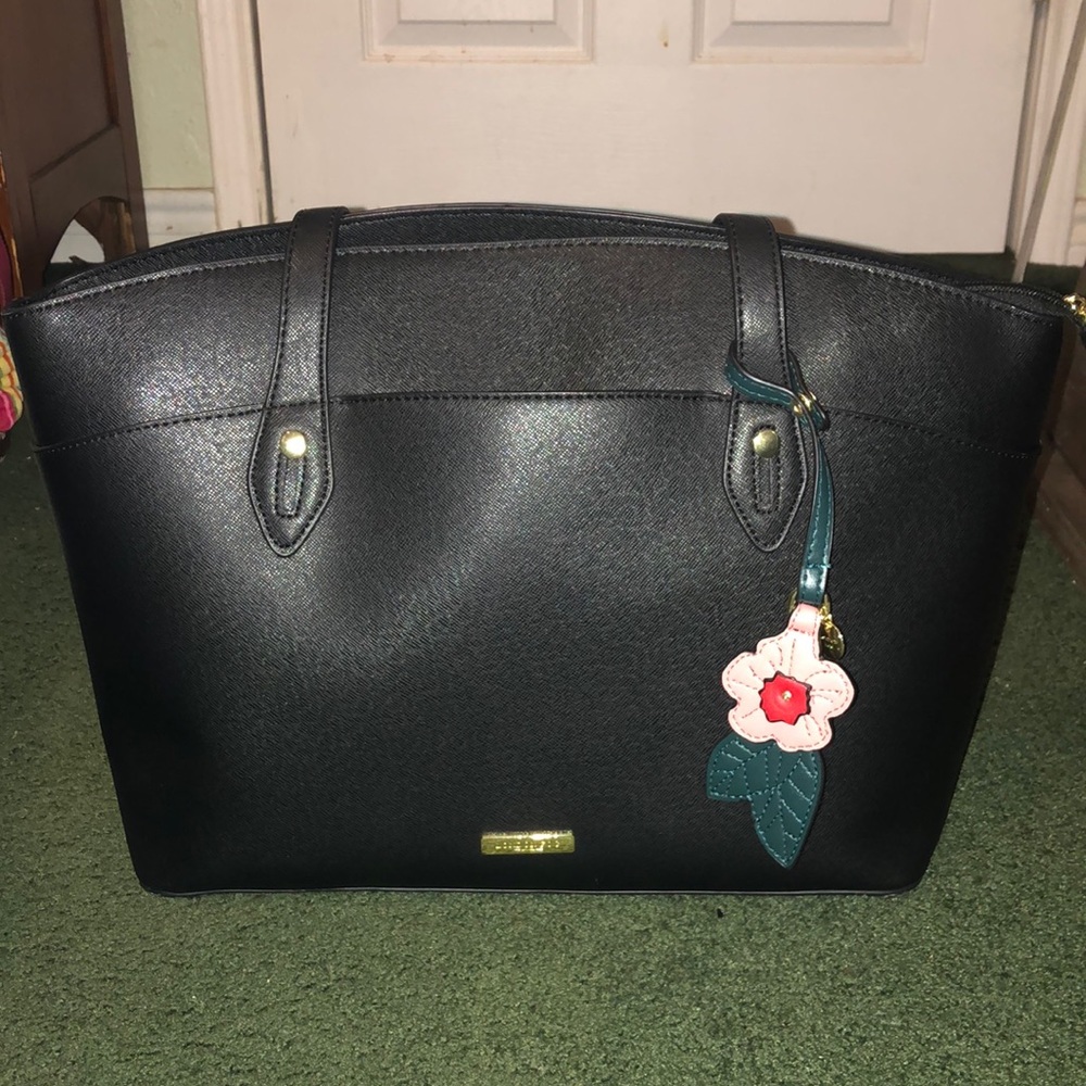 London fog large black tote with floral charm
